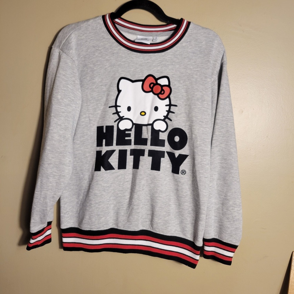 Hello Kitty Sweatshirt Women's Small Gray‎ Graphic Pullover Striped Trim Sanrio